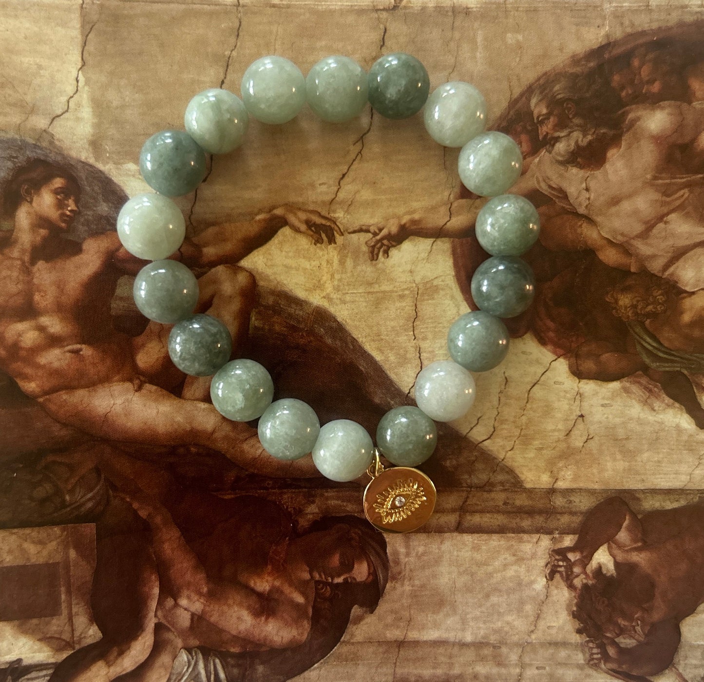 Gold Plated Italian Evil Eye Cubic Zirconia Charm Bracelet with Jade Beads