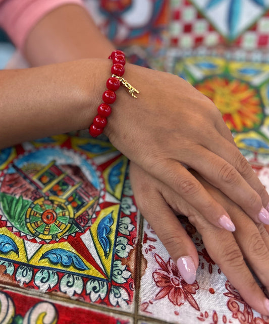 Italian Mano Cornuto Good Luck Charm Bracelet with Red Coral Beads