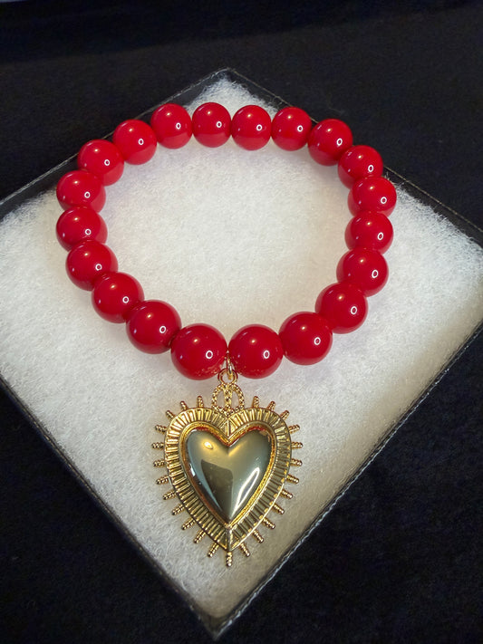 Cuore Red Coral Bracelet with Gold Heart Charm