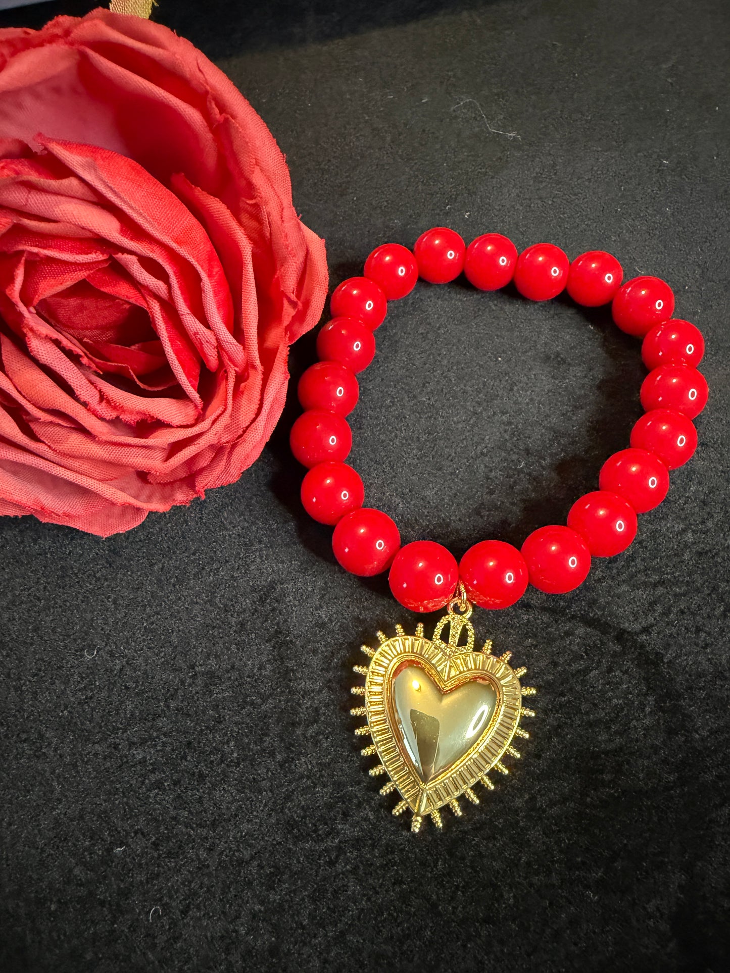 Cuore Red Coral Bracelet with Gold Heart Charm