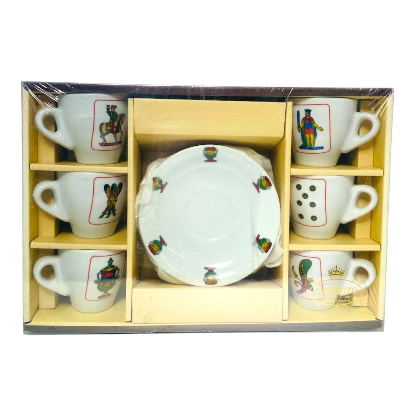 Set of 6 Italian Espresso Cups & Saucers – Italian Playing Cards Scopa Design – Made in Italy