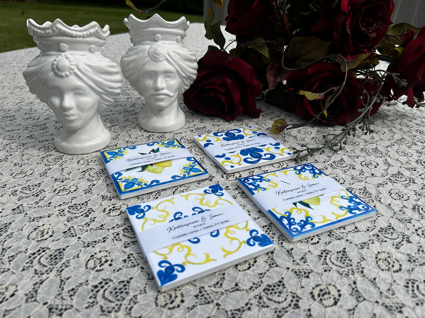 Italian Style Ceramic Tile Wedding Favors - Placecard Holders - Custom Printed Wraps