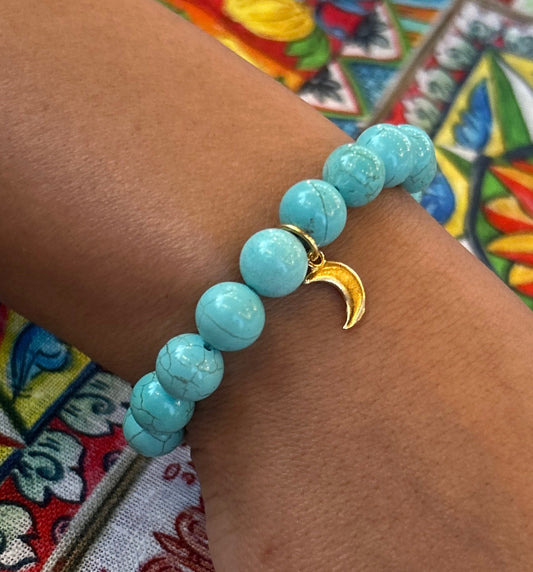 Turquoise Bead Gold Plated Moon/Luna Charm Bracelet