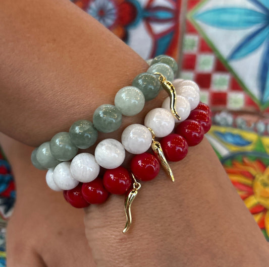 Italian Cornicello Charm Bracelet with Red Coral Beads