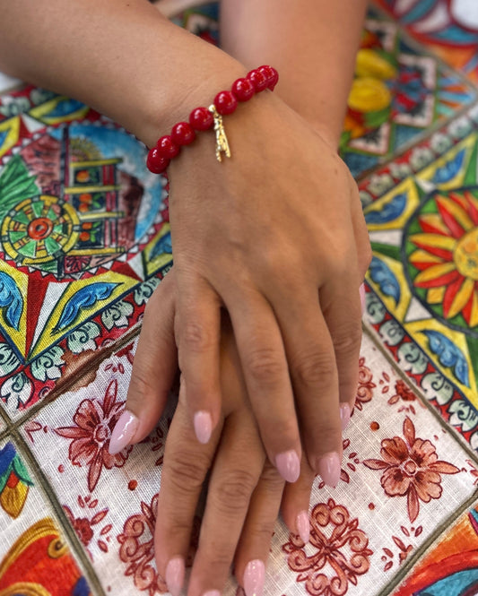 Italian Mano Cornuto Good Luck Charm Bracelet with Red Coral Beads
