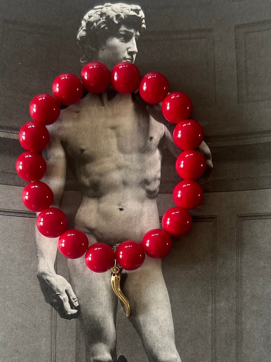 Italian Cornicello Charm Bracelet with Red Coral Beads