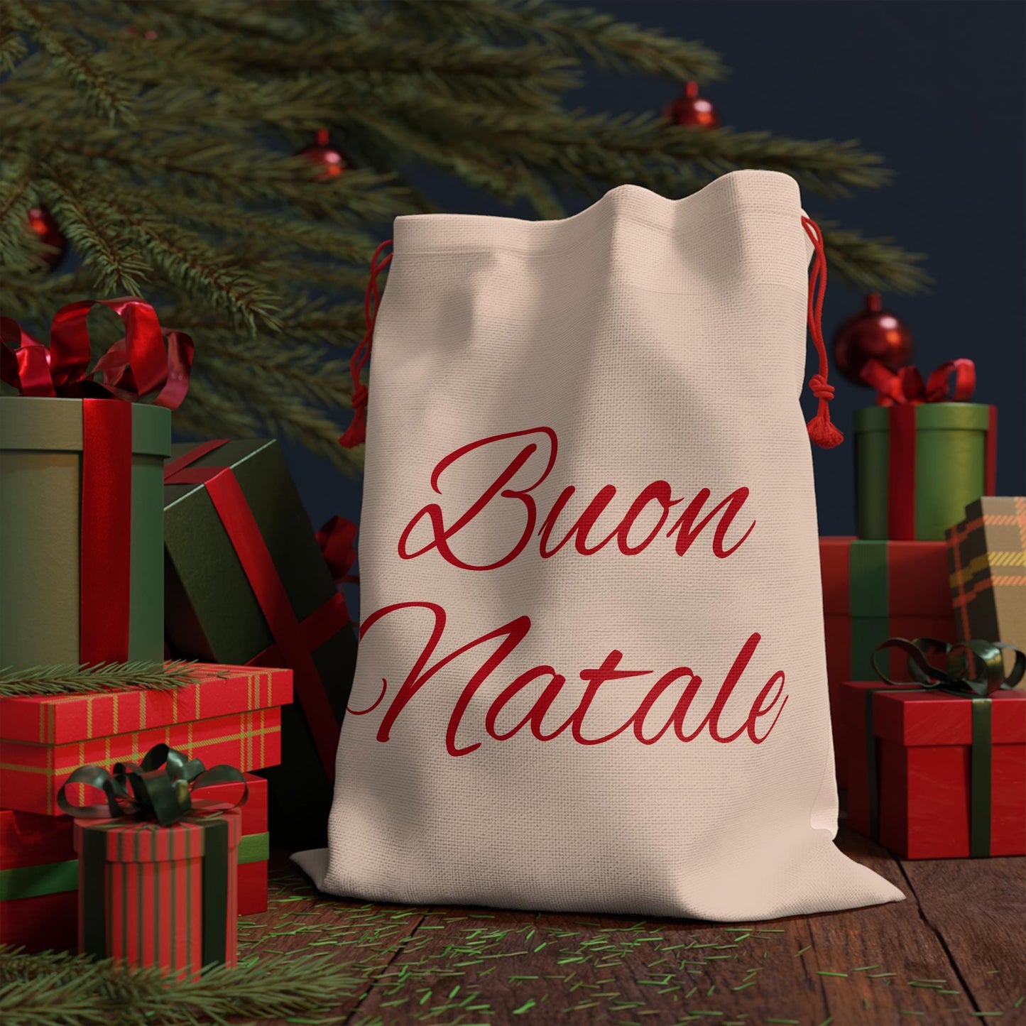 Buon Natale Christmas Gift Bag, Italian Holiday Drawstring Sack