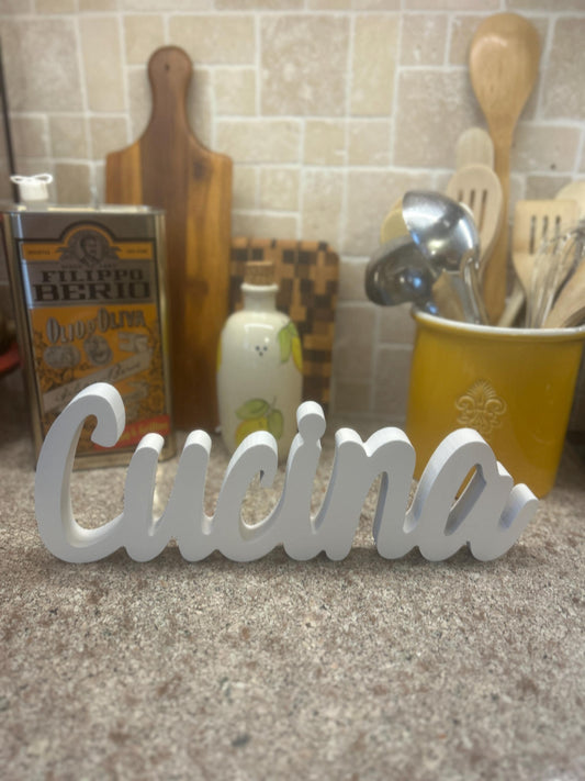 Cucina Wood Sign • Italian Kitchen Decor • White Cursive Cutout Sign • Italian Home Decor • Rustic Modern Italian